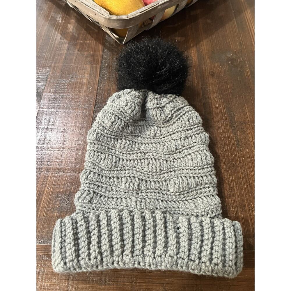 Handmade Crochet Textured Chevron Beanie Gray with Black Faux Fur Pom Pom